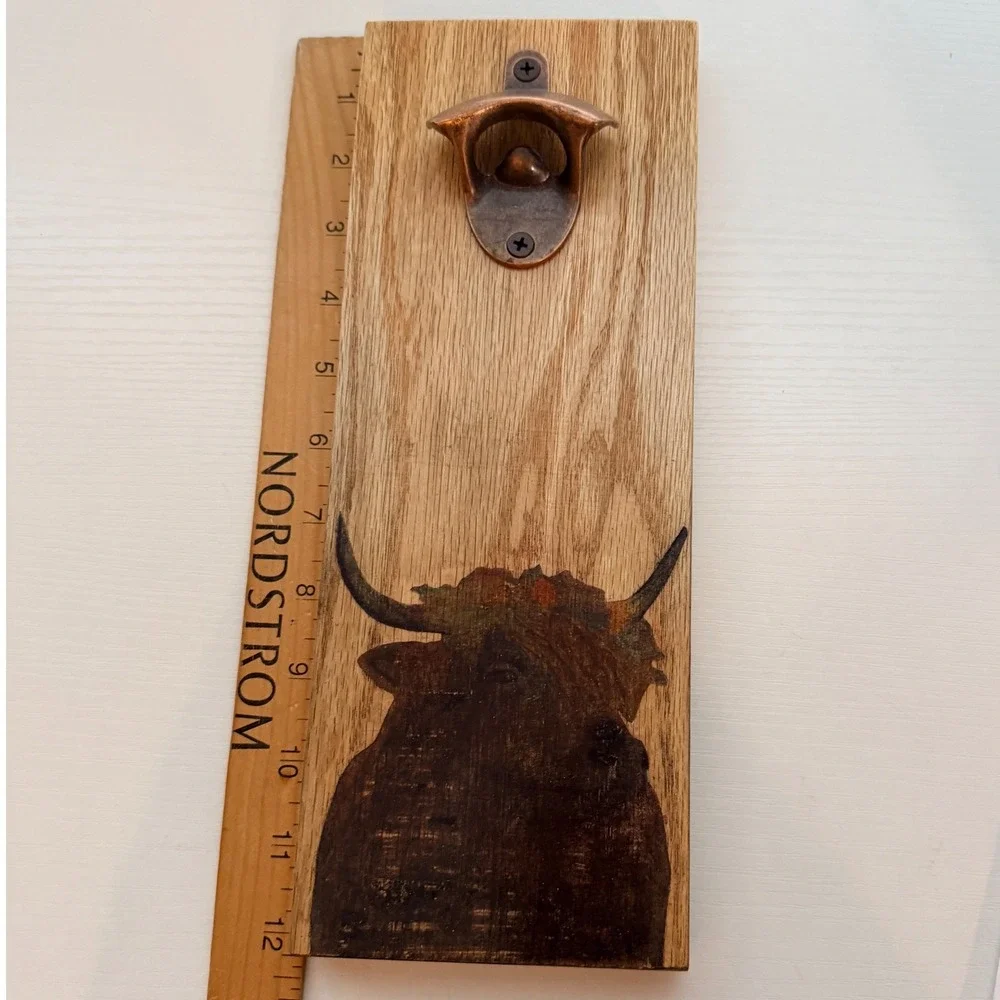 Longhorn Bull Bottle Opener Wall Mount Rustic Wood Beer Cap Catcher Man Cave
